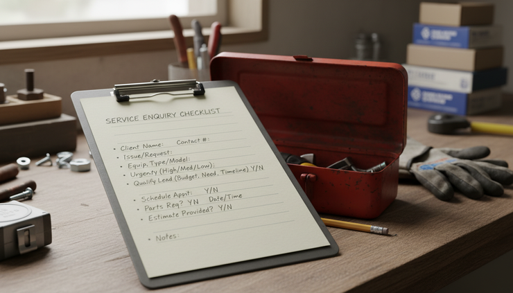 Close-up view of a clipboard with a handwritten checklist beside a toolbox on a workshop bench.