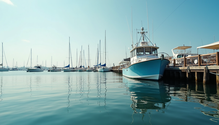 Eye-level view of a fishing boat docked at a marina with calm water and clear skies