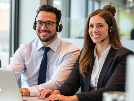 Two smiling headset-wearing office workers use a laptop in a bright modern office, looking cheerful and engaged.