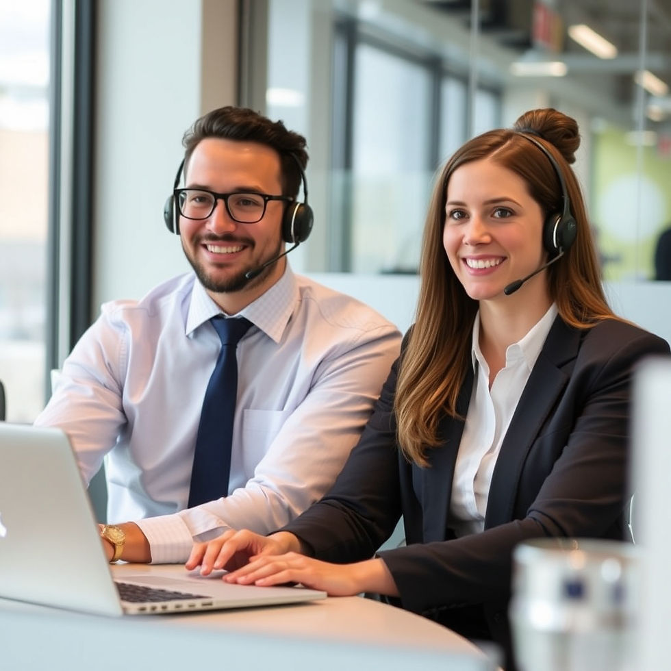 Two smiling headset-wearing office workers use a laptop in a bright modern office, looking cheerful and engaged.