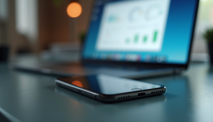Eye-level view of a phone and CRM dashboard on a laptop screen