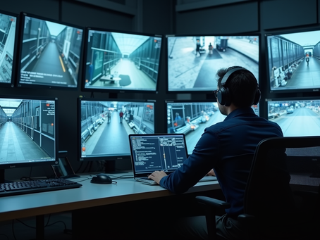 Eye-level view of a security control room with multiple CCTV monitors displaying various camera feeds