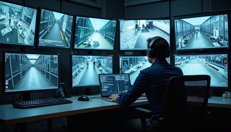 Eye-level view of a security control room with multiple CCTV monitors displaying various camera feeds