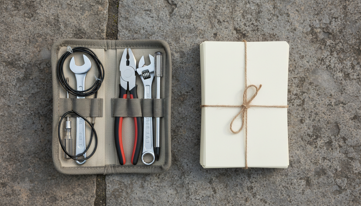 Overhead view of a small toolkit beside a stack of neatly sorted index cards