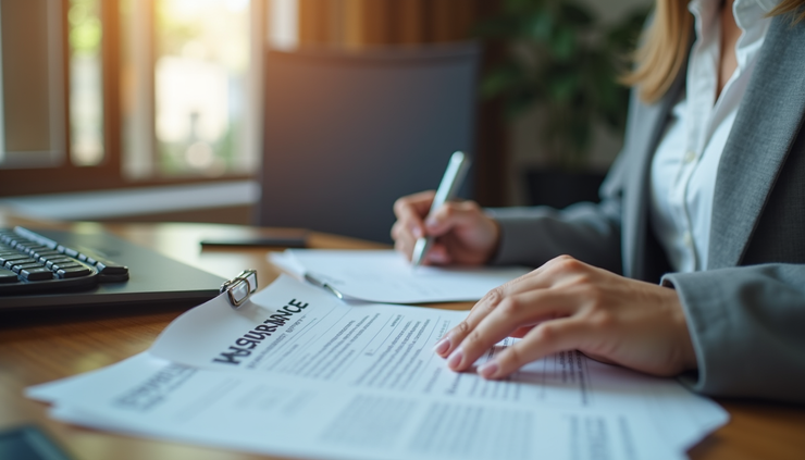 Eye-level view of a business owner reviewing insurance documents at a desk