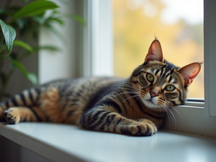 Eye-level view of a relaxed tabby cat lying on a cozy windowsill