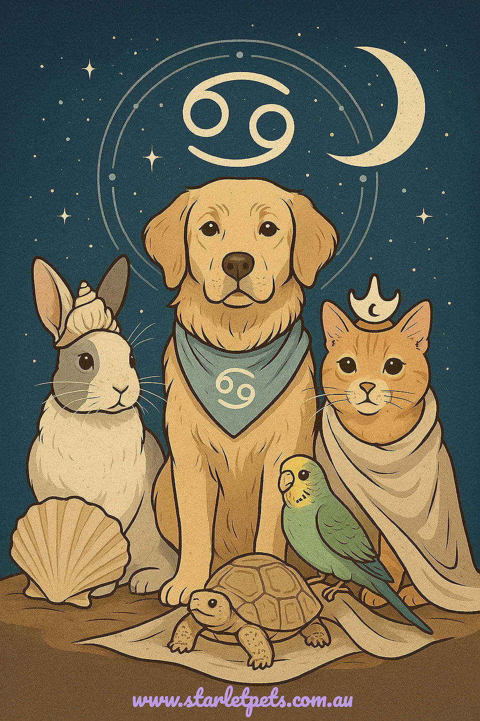A dog, cat, rabbit, parrot, and turtle sit under moon and stars. The dog wears a Cancer symbol, exuding a mystical vibe.