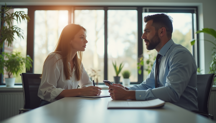 Eye-level view of a real estate agent discussing budget details with a client over property listings