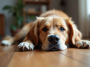 Eye-level view of a calm dog resting on a structured wooden floor
