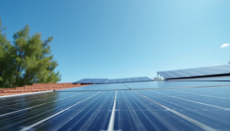 Eye-level view of a solar panel installation on a residential rooftop with clear blue sky