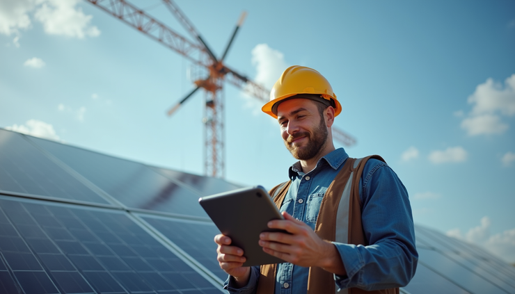 Eye-level view of a solar panel installation site with a technician updating a digital tablet
