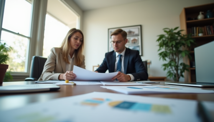 Eye-level view of a real estate agent reviewing property documents with a client