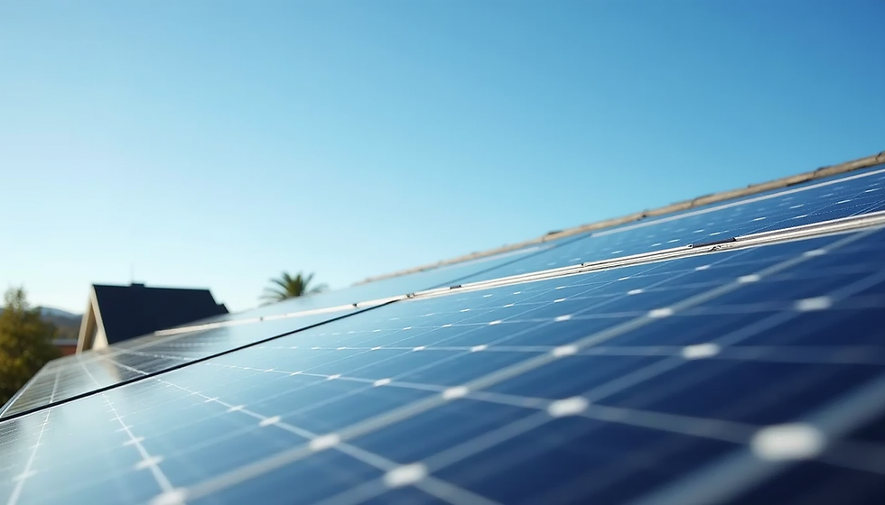 Eye-level view of a solar panel installation on a suburban rooftop with clear blue sky