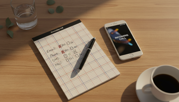 Overhead view of a notepad with checked contact preferences beside a ringing phone.