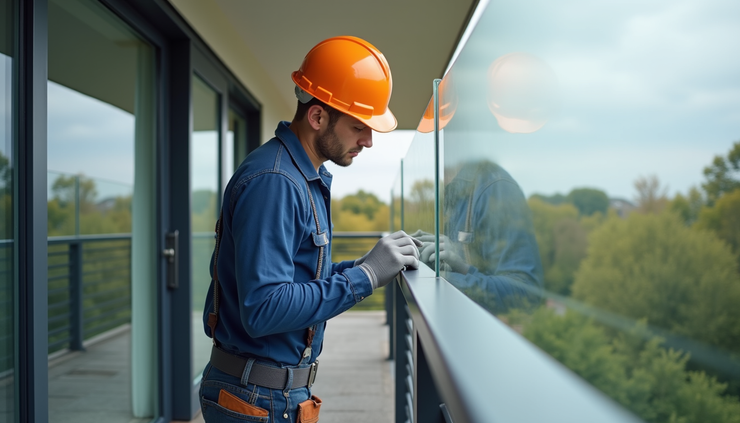 Eye-level view of a glazier inspecting a glass balustrade installation