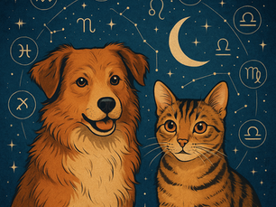A dog and cat sit against a dark blue background with zodiac symbols, constellations, and crescent moon. Warm, inviting tones.