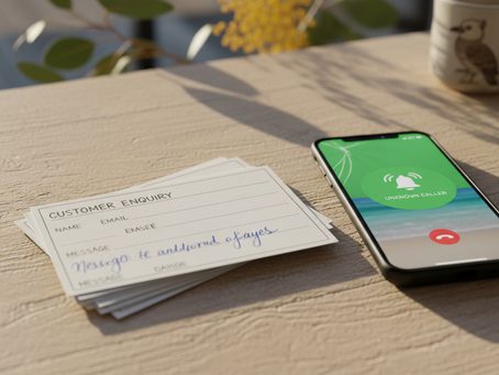 Close-up view of handwritten enquiry cards beside a ringing mobile phone