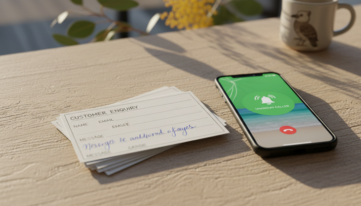 Close-up view of handwritten enquiry cards beside a ringing mobile phone