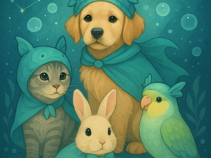 Dog, cat, rabbit, and parrot in blue hats and capes on a teal background with bubbles and constellations. Pisces symbol visible.