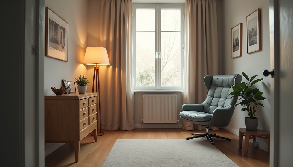 Eye-level view of a psychologist's calm and inviting consultation room with a comfortable chair and soft lighting