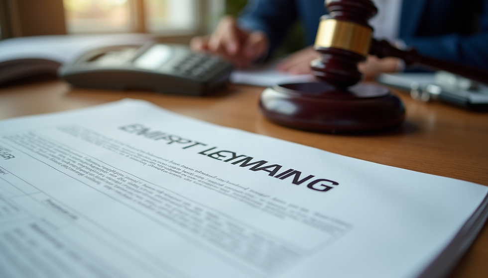 Eye-level view of a lawyer’s desk with employment law documents and a phone