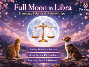 Cat and dog sit by a lake under a full moon with balance scales. Text: Full Moon in Libra, Harmony, Balance & Relationships.