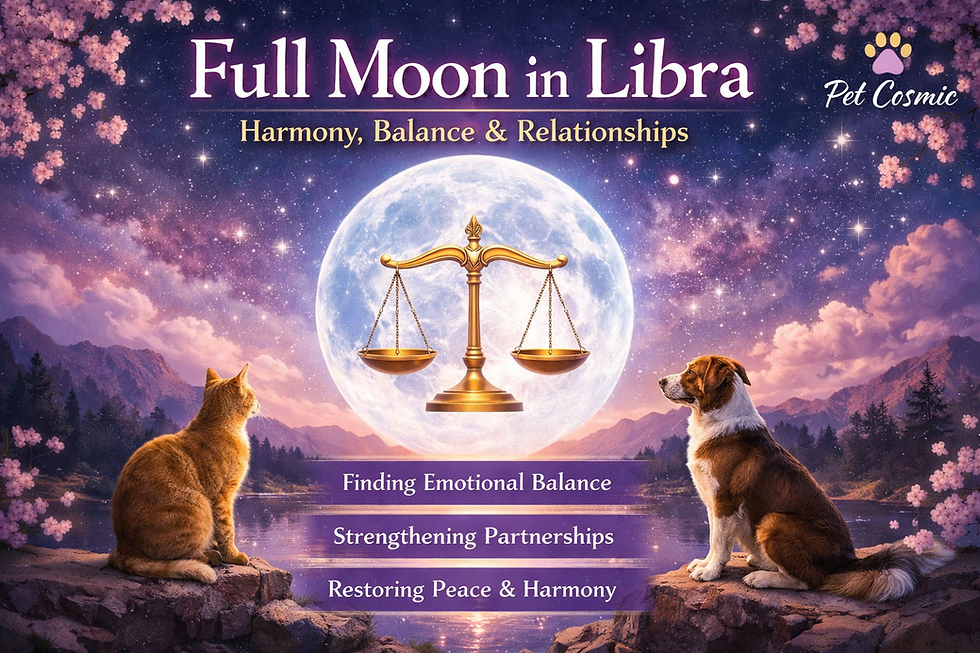 Cat and dog sit by a lake under a full moon with balance scales. Text: Full Moon in Libra, Harmony, Balance & Relationships.