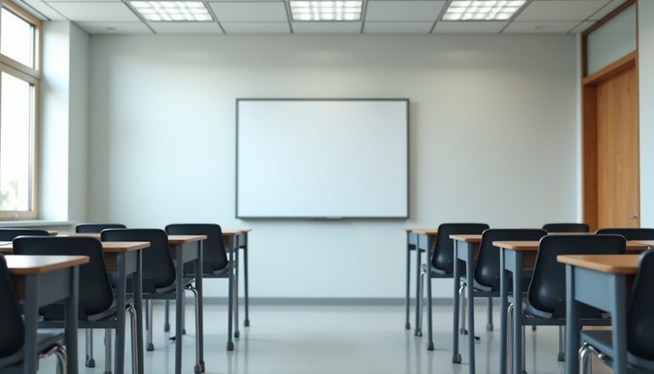 Eye-level view of a modern classroom with empty desks and a whiteboard