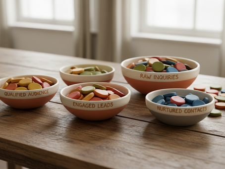 Wide-angle view of sorted coloured tokens on a timber table