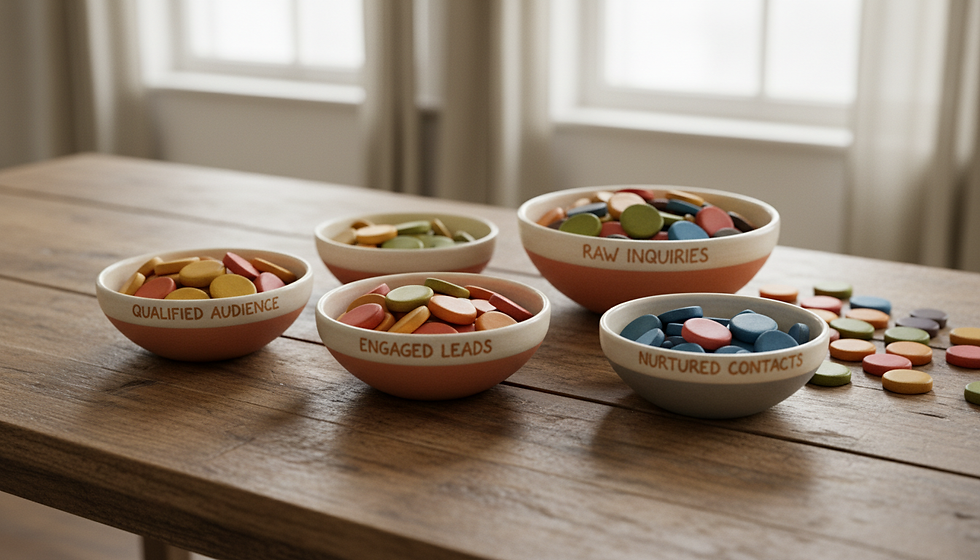 Wide-angle view of sorted coloured tokens on a timber table