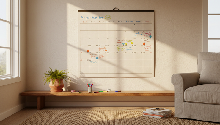 Wide-angle view of a wall calendar with follow-up notes and coloured markers