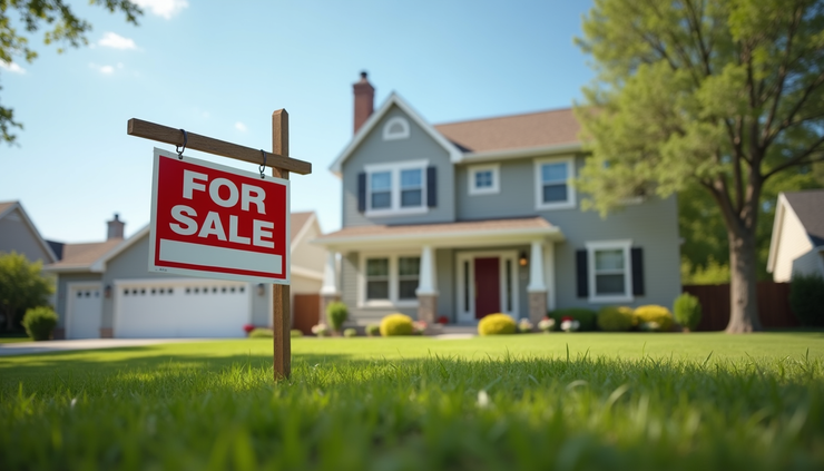 Eye-level view of a suburban house with a "For Sale" sign in the front yard