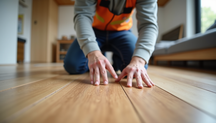 Eye-level view of a flooring installer inspecting timber floor samples in a modern home