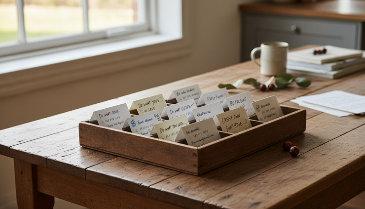 Close-up view of old contact cards in a wooden storage tray.