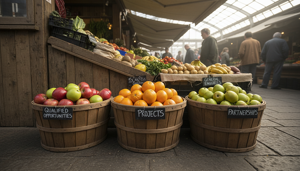 Wide-angle view of a market stall with carefully sorted produce in labelled baskets