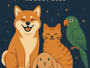 Cute dog, cat, rabbit, and parrot on a starry background. Text: Monthly Pet Horoscopes, August 2026. Playful and cheerful mood.