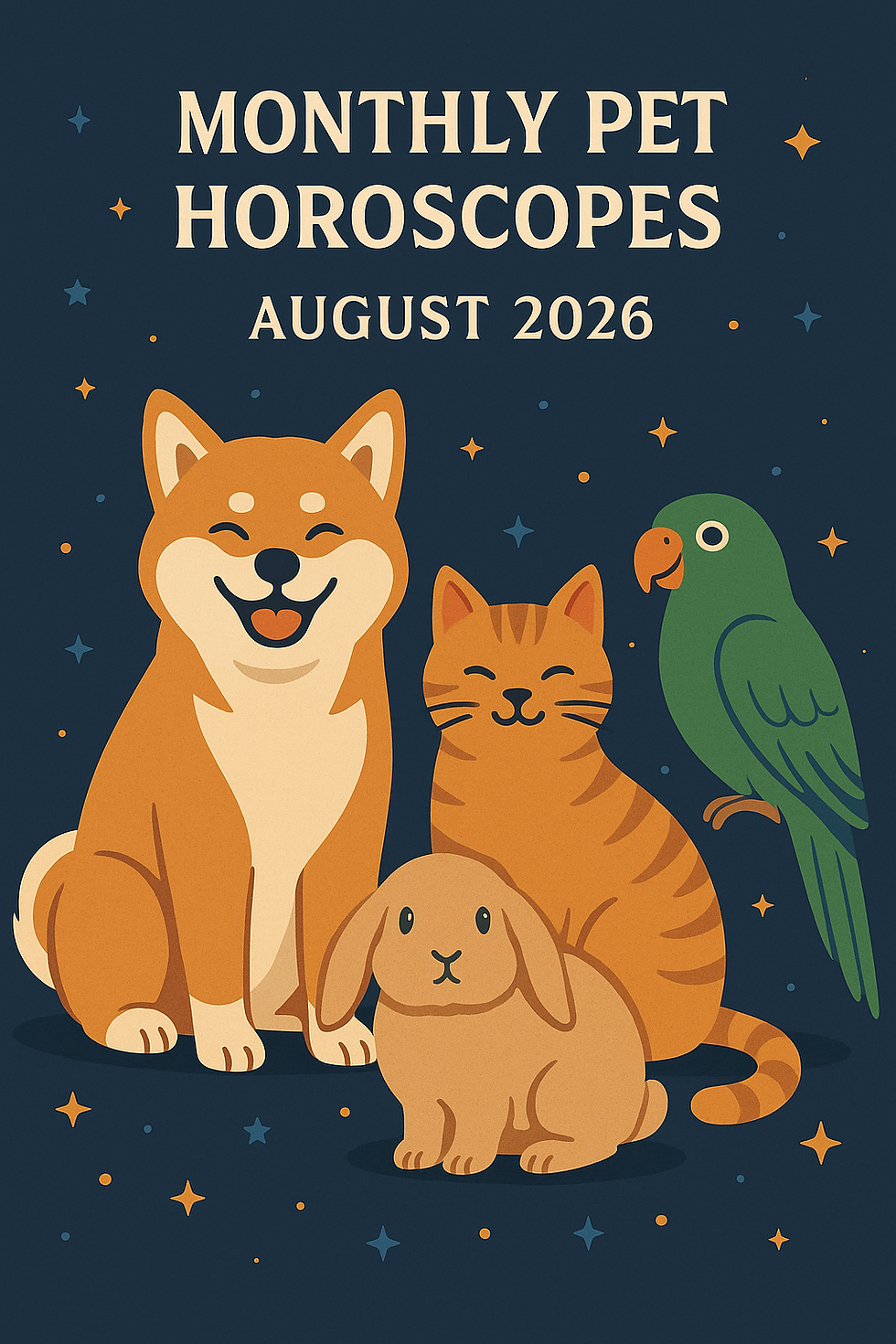 Cute dog, cat, rabbit, and parrot on a starry background. Text: Monthly Pet Horoscopes, August 2026. Playful and cheerful mood.