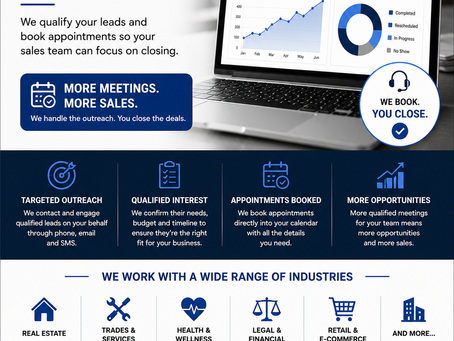 Appointment setting ad with laptop analytics dashboard, blue graphics, and text like MORE MEETINGS. MORE SALES. WE BOOK. YOU CLOSE.