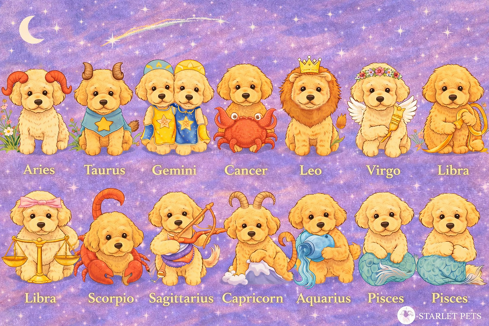 Cute puppies dressed as zodiac signs on a purple starry background. Each pup has themed accessories. Text reads names of the signs.