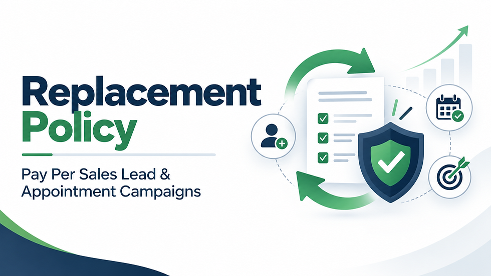 Replacement Policy graphic with shield, checklist, calendar and target icons; text reads Pay Per Sales Lead & Appointment Campaigns