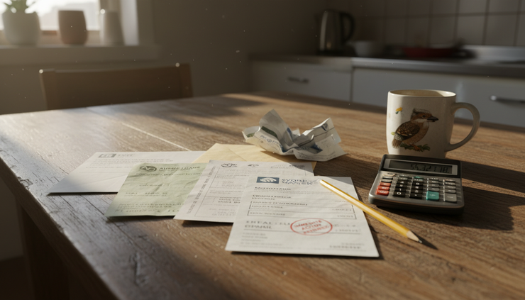 Close-up view of household bills and a calculator on a kitchen table