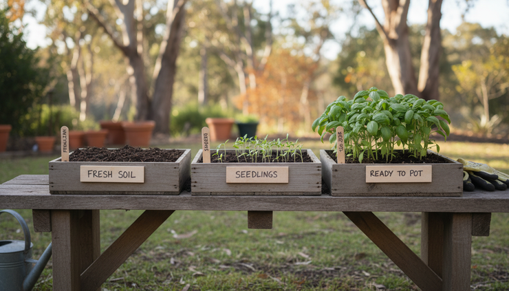 Eye-level view of labelled seed trays showing different stages of plant growth.