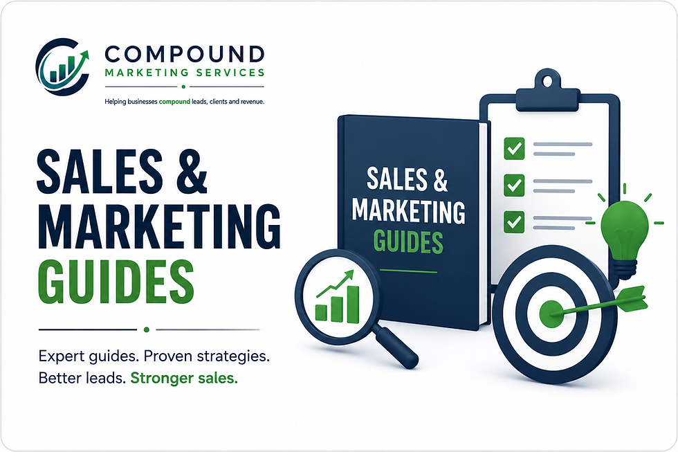 Sales & Marketing Guides poster with Compound Marketing Services logo, checklist clipboard, target, magnifier, and green bulb.