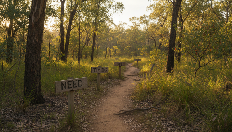 Wide-angle view of a narrow walking trail marked by simple wooden signs in open bushland.