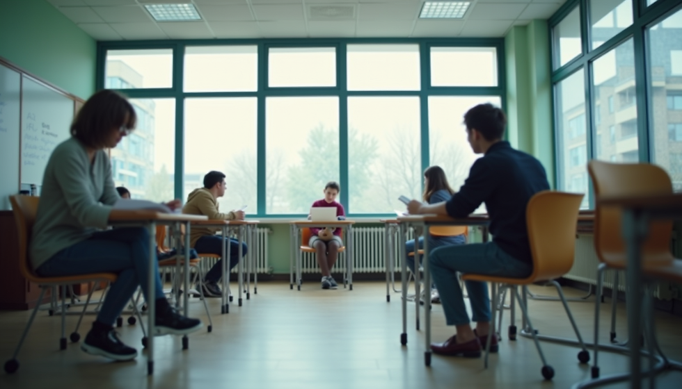Eye-level view of a classroom with disability support training materials and a single student studying