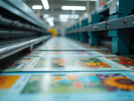 Eye-level view of a printing press producing vibrant brochures in a busy print shop