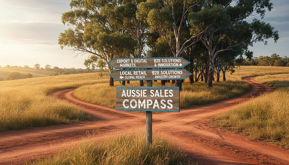 Wide-angle view of a rural Australian crossroads sign beside a quiet road.