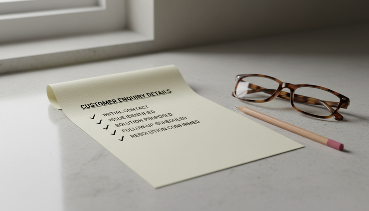 Close-up view of a paper checklist with tick marks beside customer details on a stone benchtop.