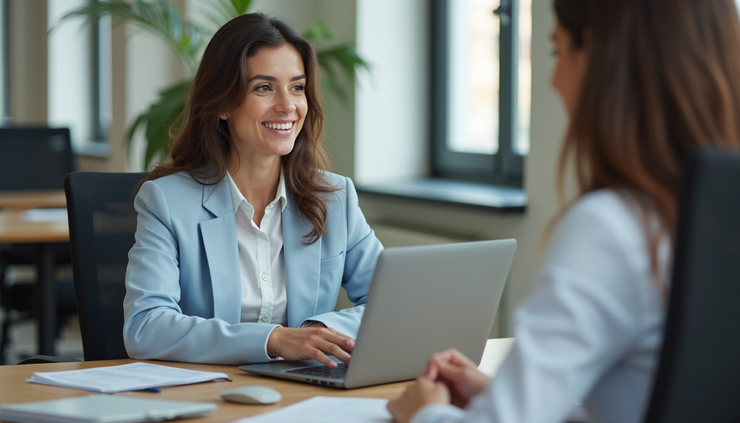 Eye-level view of a real estate agent reviewing a client database on a laptop in a bright office