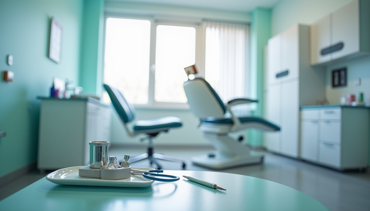 Eye-level view of dermatologist’s consultation room with medical equipment and patient chair